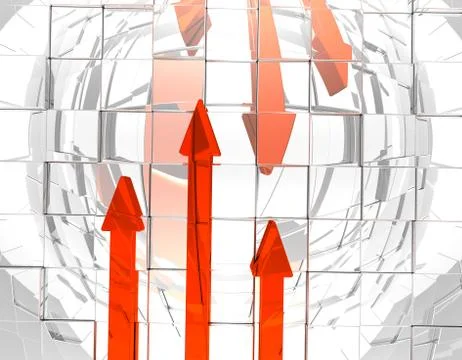 Three red arrows on abstract cubes background - 3d illustration Illustrazione stock
