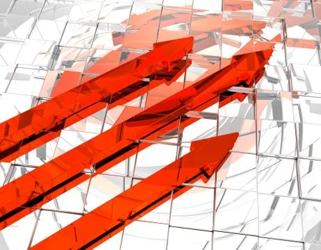 Three red arrows on abstract cubes background - 3d illustration Stock-Illustration
