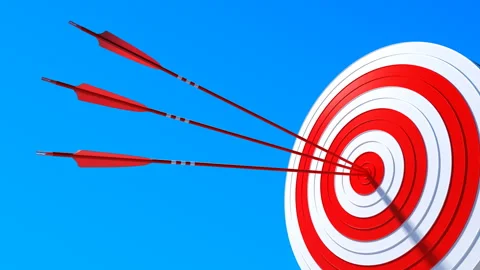 Three red arrows hitting the center of a target, concept of success Video stock 328607298