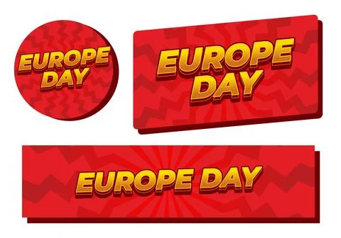 Three red badges and banners with yellow 3d text EUROPE DAY on zigzag patte.. Stock Illustration