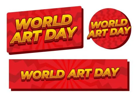 Three red banners with bold yellow 3d text reading World Art Day in differe.. Illustrazione stock
