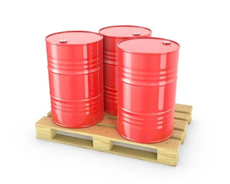 Three red barrels on a pallet isolated on white background Three red barre... Foto stock