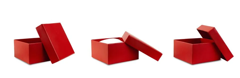 Three red boxes insulated on a white background with the lids open. Stock Photos