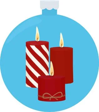 Three red burning candles in blue christmas-tree ball. Illustrazione stock