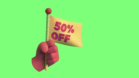 Three red cartoon hands holding yellow flags with fifty percent off text on Stock Footage 346122329
