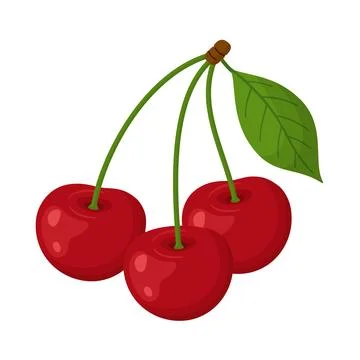 Three red cherries with green stems and leaf. Bright glossy flat style isolat Illustrazione stock