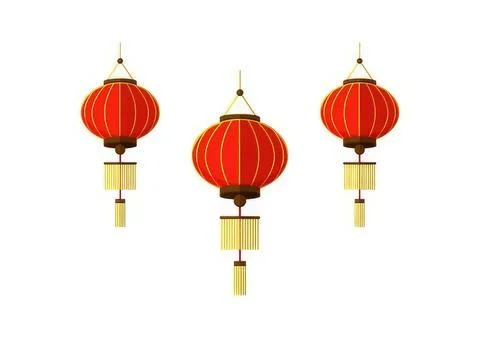 Three red chinese lanterns hanging with tassels on white background Ilustração Stock