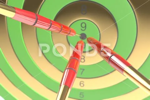 Three red darts hitting the bullseye. 3d illustration Stock Illustration