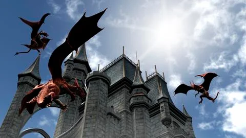 Three Red Dragons attacking the castle Stock Illustration