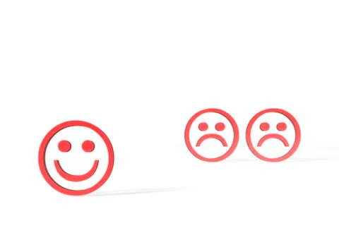 Three red emoticons, one happy, two sad, 3d illustration Illustrazione stock
