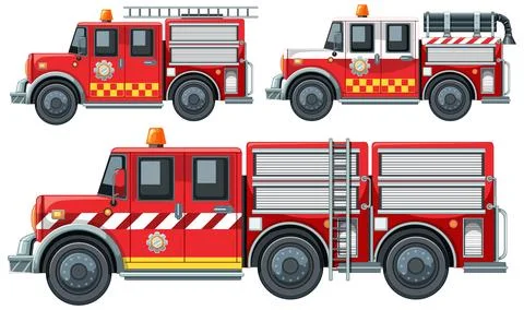 Three Red Fire Trucks in Side View Vector Illustration 库存插图