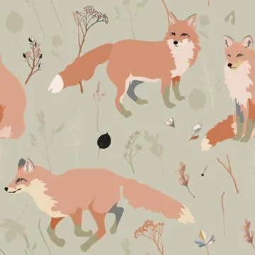 Three red foxes on a brown background seamless vector illustration. Picture w Stock Illustration