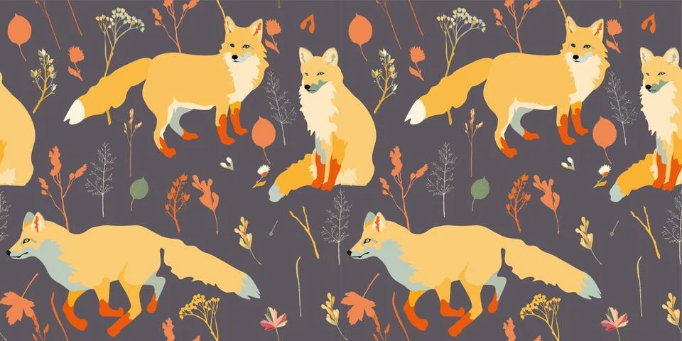 Three red foxes on a brown background seamless vector illustration. Picture w Stock Illustration