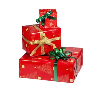 Three red gift boxes on a white insulated background lie in a stack Stock Photos