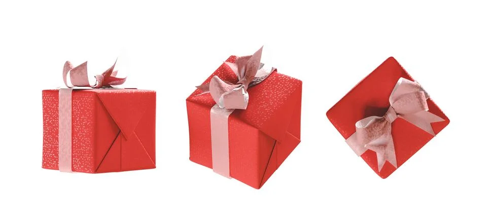 Three red gifts with bow from different perspectives on isolated. 3d render Stock Illustration