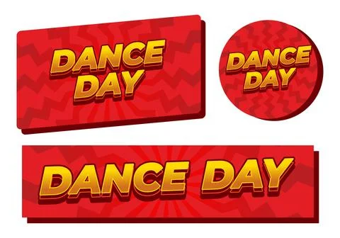 Three red graphic banners and round badge with bold yellow 3d text reading .. Stock Illustration