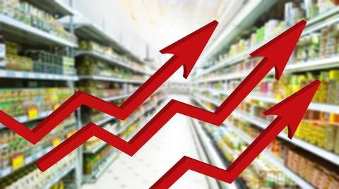 Three red growing up large arrow on abstract blur supermarket background. Bar Stock Photos