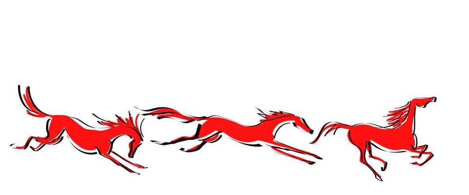 Three red hand drawn galloping horses set Stock Illustration