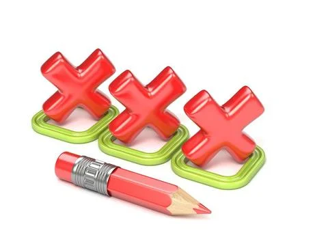 Three red incorrect check mark in green square. 3D Three red incorrect che... Stock Photos