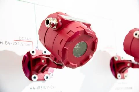 Three red infrared detection devices equipped with temperature detection le.. Stock Photos