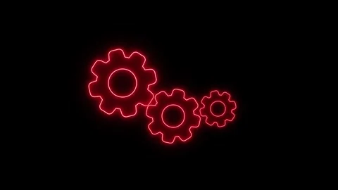 Three red neon gears meshing together in dynamic motion on black background.. Stock Footage 345549812