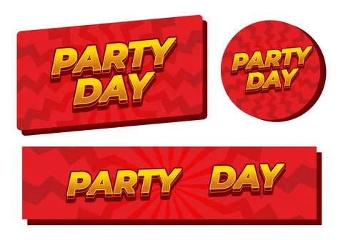 Three red party themed banners with bold gold 3d text reading party day on .. 스톡 일러스트