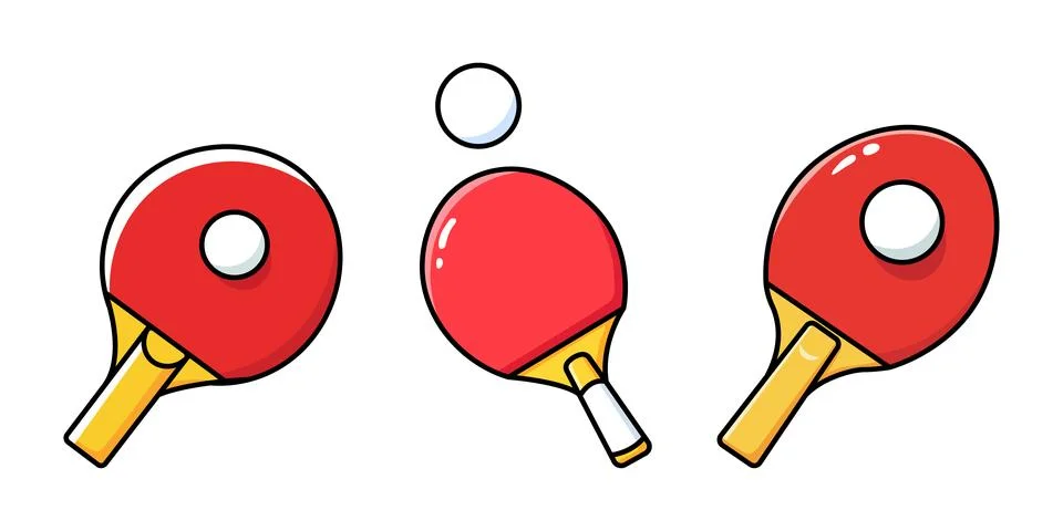Three Red Ping Pong Paddles and White Ball Isolated on White Background Stock Illustration