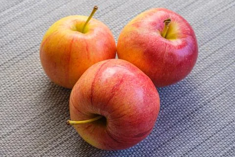 Three red Royal Gala apples are on the table. Popular all-season fruits avail Stock Photos