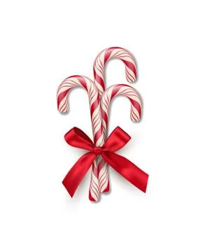 Three red striped candy canes with red bow isolated on white background. Vector Stock Illustration