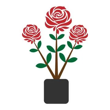 Three red stylized roses with green leaves and brown stems planted Stock Illustration