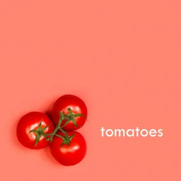 Three red tomatoes with leaves on a red background in a top view with copy space Stock Photos