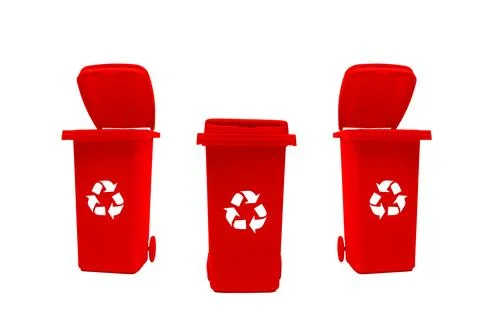 Three red trash cans isolated on a white background. Stock Photos