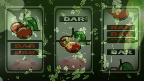 Three reels spinning on loop, shifting cherries, BARs and pigs showing outcomes Stock Footage 328246674