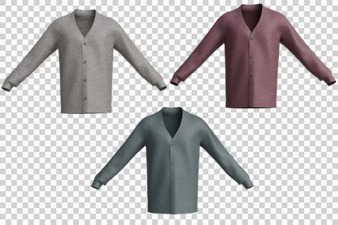 Three rendered V-neck button-up cardigans light grey, deep maroon Stock Illustration