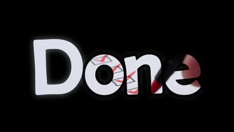 Three repeating done text labels featuring checkmark animation over black Video stock 344516994