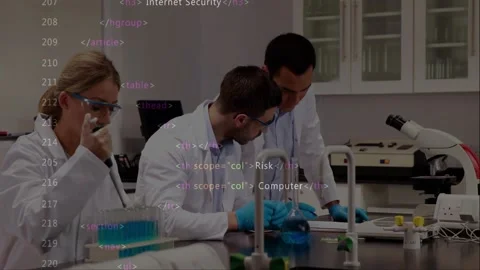 Three researchers doing tests with pipette and flask code overlay appearing, Stock Footage 331349654