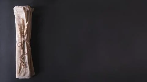 Three reusable string bags with three branches of wheat, banner. Stock Photos