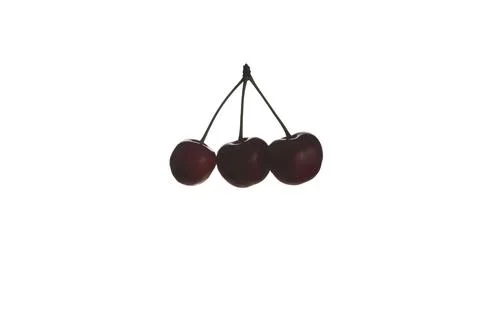 Three ripe cherries with stems in reflected light on a white background. Stock Photos