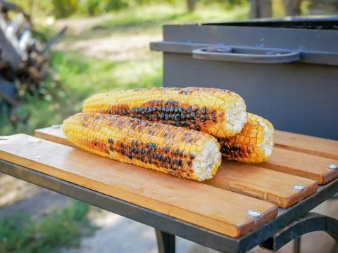Three ripe fried corn lie next to the barbecue in nature Stock Photos