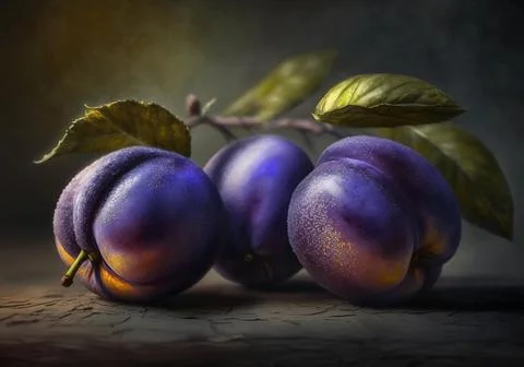 Three ripe plums lie on the table. purple fruits. Stock Illustration