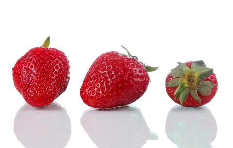 Three ripe strawberries on reflective surface Stock Photos