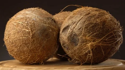 Three ripe tropical coconuts rotating on a wooden table against black background Stock Footage 70504067