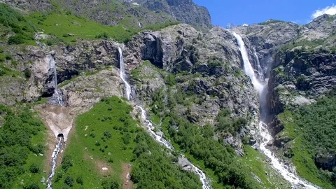Three river falls from mountain aerial panorama view in Georgia Stock-Footage 94596100