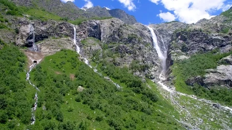 Three river falls from mountain drone view Vidéo 94596066