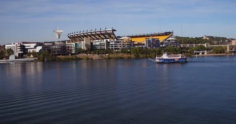 "The Three Rivers Queen" Crosses In Front Of Heinz Field In Pittsburgh PA Stock Footage 99805831
