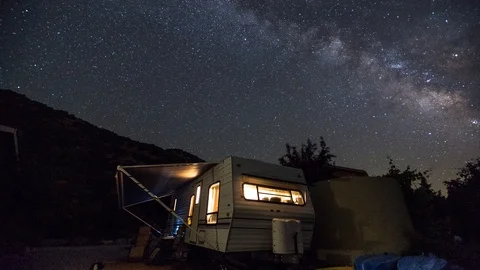 Three Rivers - Stars, Starry Night Sky, Milky Way over an RV / Camper Time Lapse Stock Footage 87804232