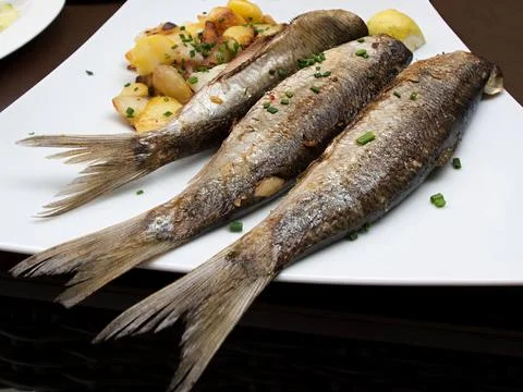 Three roasted sardines Stock Photos