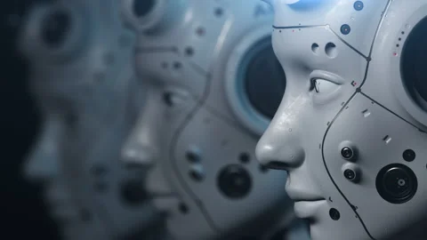 Three robot heads shot close-up standing in a row watching what's going on in Stock Footage 171822676
