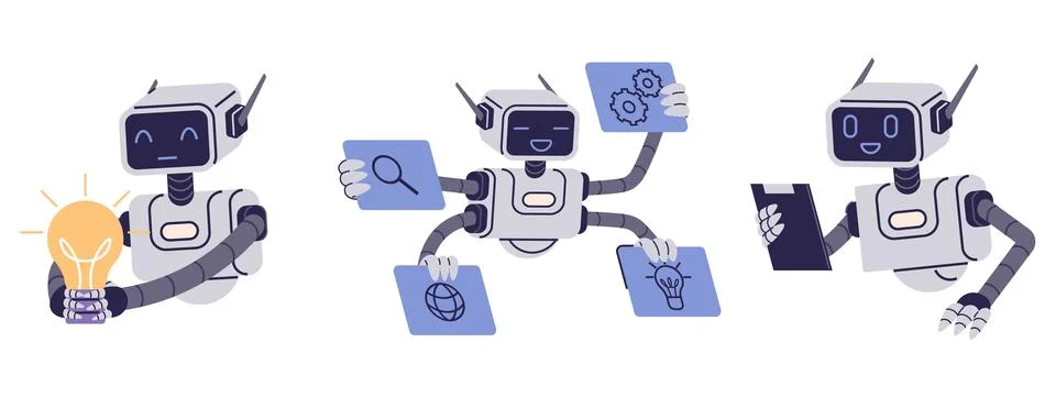 Three robots are performing different tasks holding a light bulb symbolizing  Stock Illustration