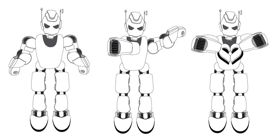 Three robots with different gestures: neutral, DAB gesture and a sign of hear Stock Illustration